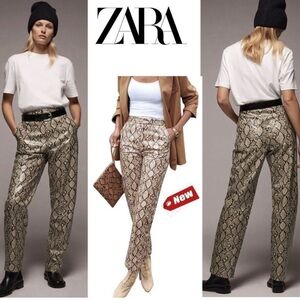 Zara Snake Print Faux Leather Pants Sand Brown High Waist Sz S